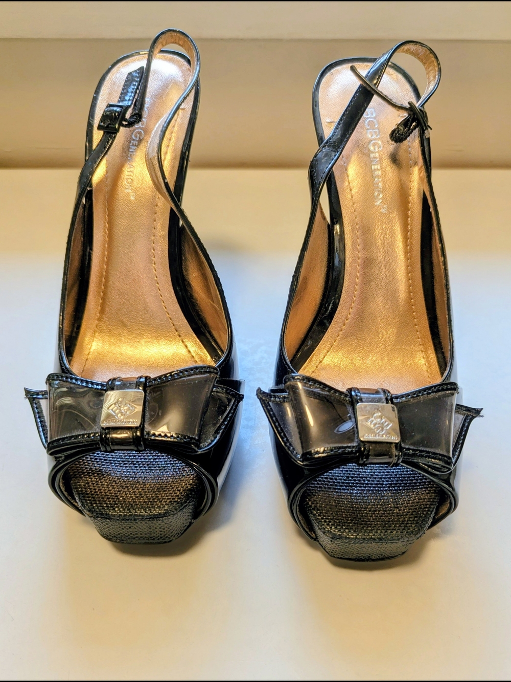BCBGMAXAZRIA Black Patent Slingback Peep-Toe Heels with Bow